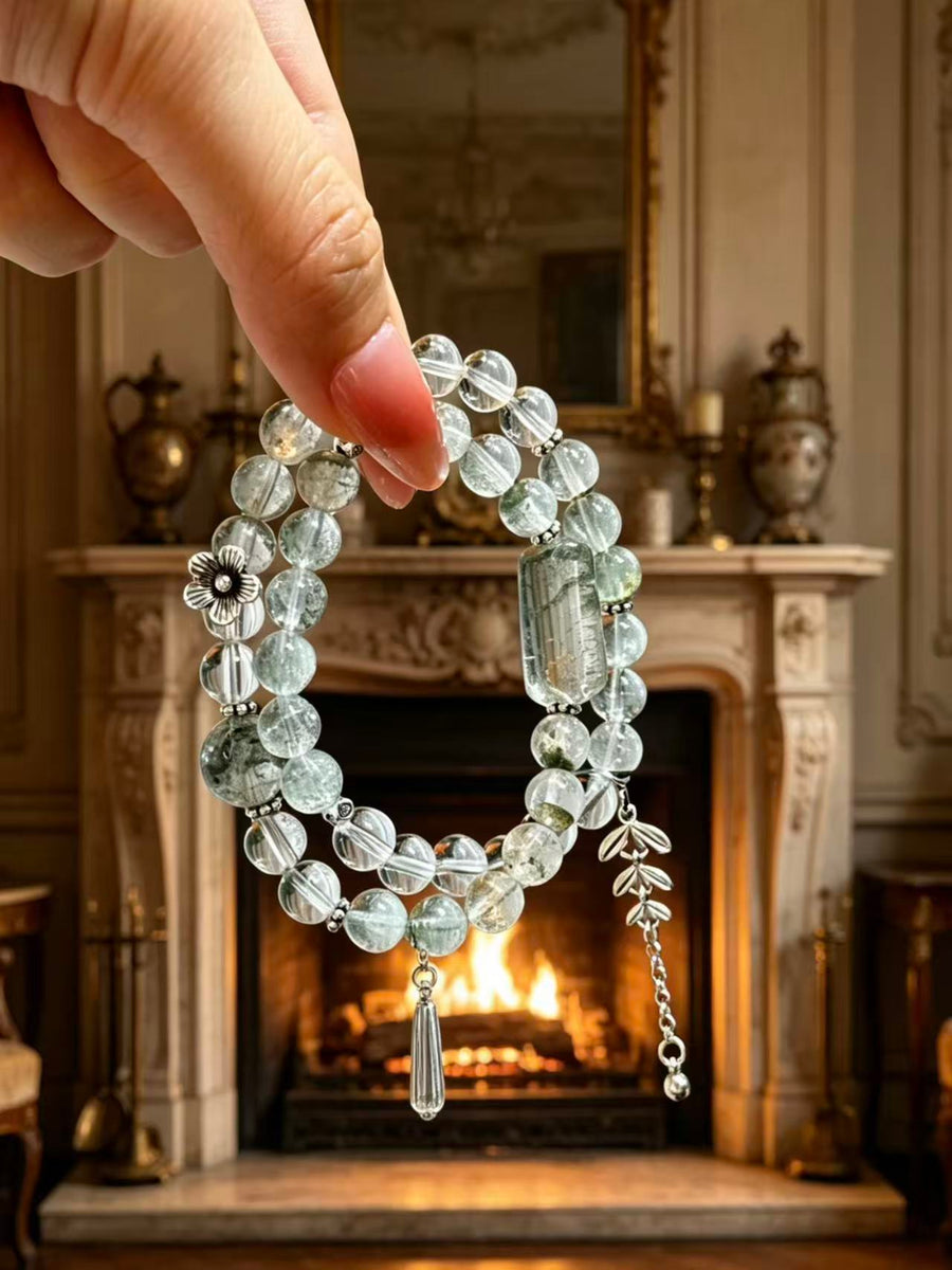 Crystal Paradise Green Phantom Prosperity Double-Layer Bracelet – Handmade Green Phantom & Clear Quartz Wealth Energy Bracelet 💚