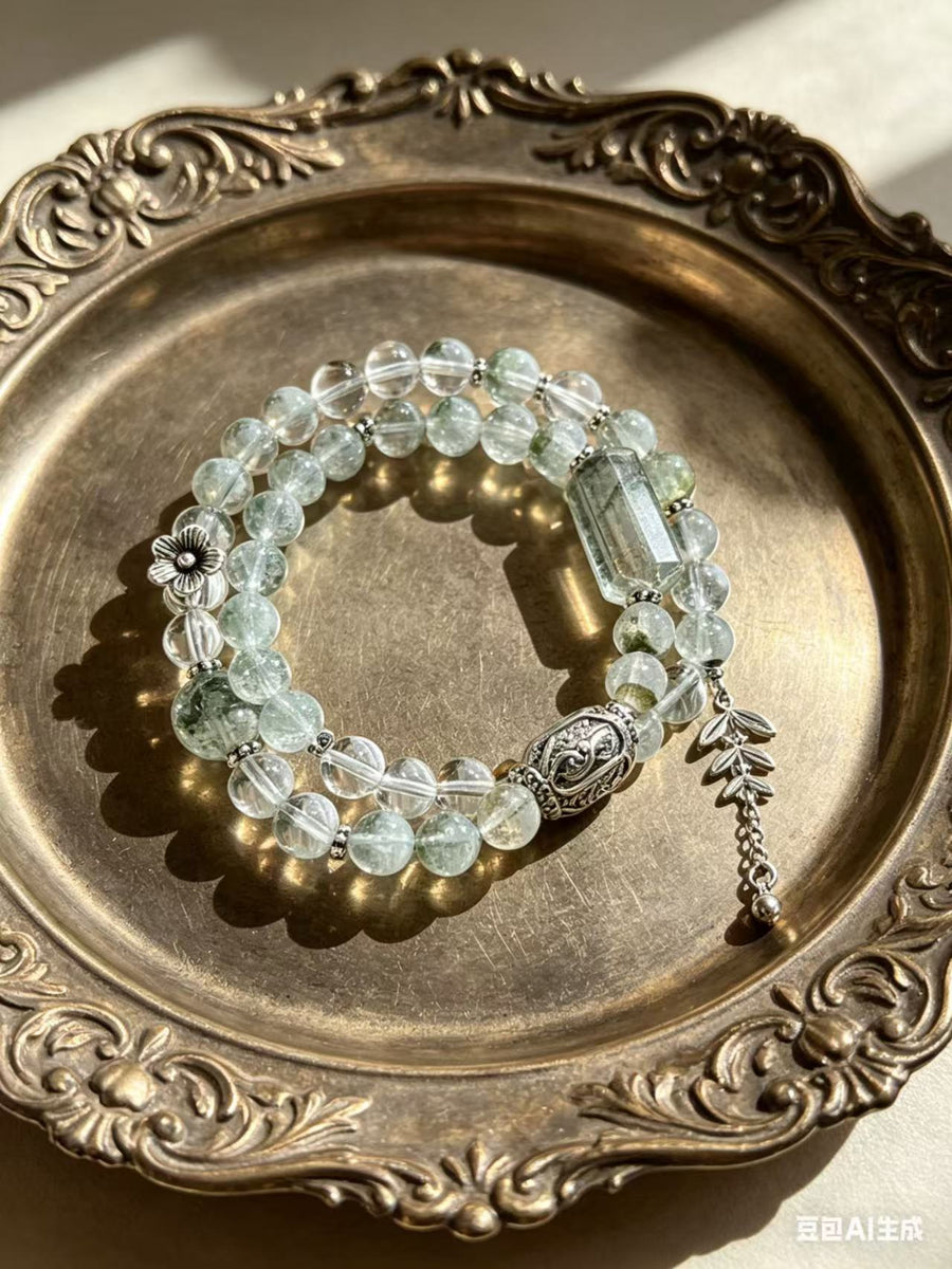 Crystal Paradise Green Phantom Prosperity Double-Layer Bracelet – Handmade Green Phantom & Clear Quartz Wealth Energy Bracelet 💚