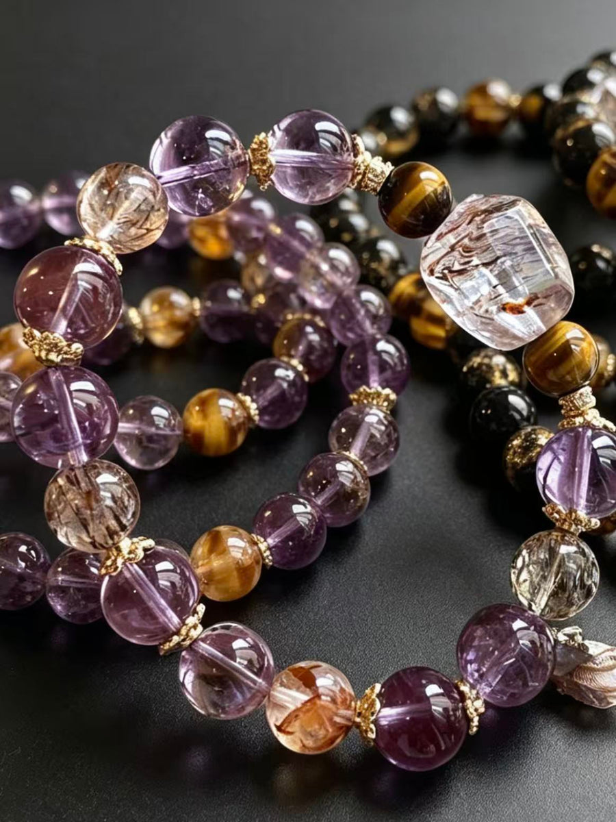 Crystal Paradise Purple Fortune Bracelet – Handmade Amethyst & Black Gold Super Seven Energy Bracelet 🔮