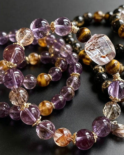 Crystal Paradise Purple Fortune Bracelet – Handmade Amethyst & Black Gold Super Seven Energy Bracelet 🔮