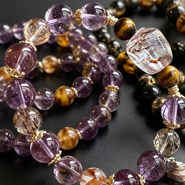 Crystal Paradise Purple Fortune Bracelet – Handmade Amethyst & Black Gold Super Seven Energy Bracelet 🔮