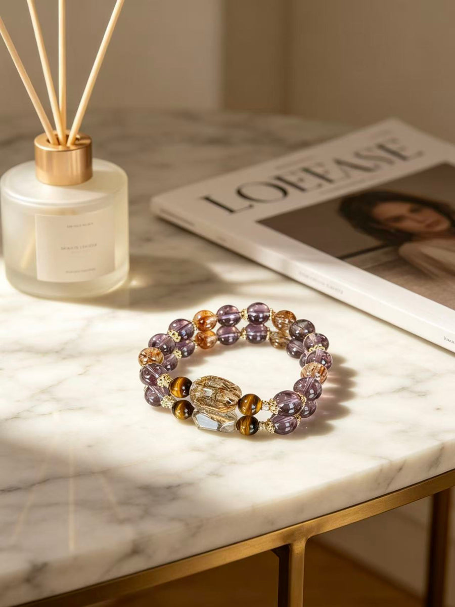 Crystal Paradise Purple Fortune Bracelet – Handmade Amethyst & Black Gold Super Seven Energy Bracelet 🔮