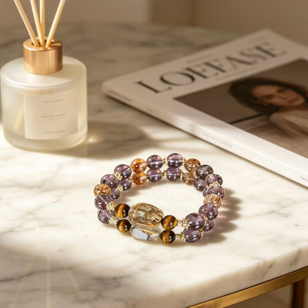 Crystal Paradise Purple Fortune Bracelet – Handmade Amethyst & Black Gold Super Seven Energy Bracelet 🔮