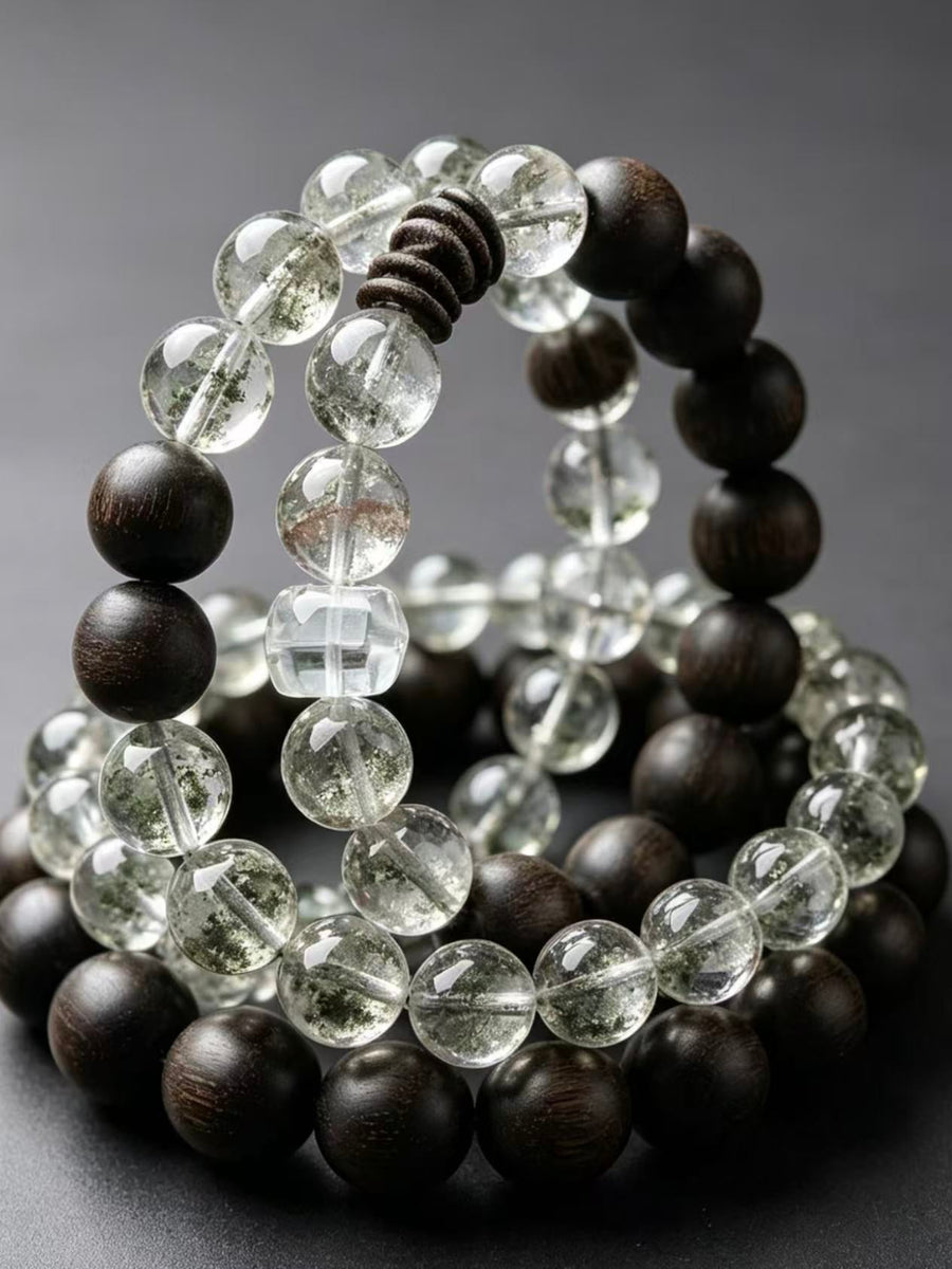 Crystal Paradise Verdant Aura Aromatic Bracelet – Handmade White Quartz, Green Phantom & Agarwood Energy Bracelet 💚