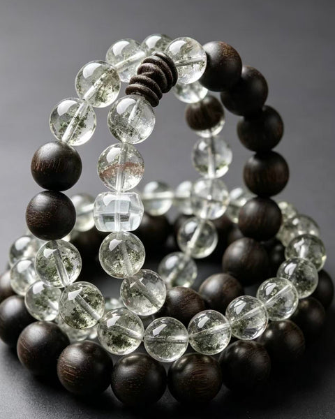 Crystal Paradise Verdant Aura Aromatic Bracelet – Handmade White Quartz, Green Phantom & Agarwood Energy Bracelet 💚