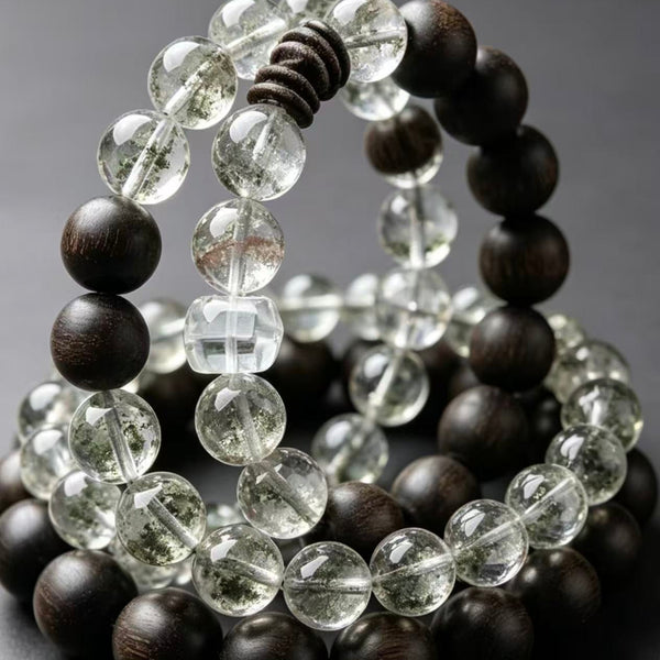 Crystal Paradise Verdant Aura Aromatic Bracelet – Handmade White Quartz, Green Phantom & Agarwood Energy Bracelet 💚