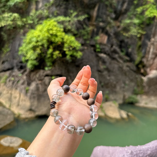 Crystal Paradise Verdant Aura Aromatic Bracelet – Handmade White Quartz, Green Phantom & Agarwood Energy Bracelet 💚