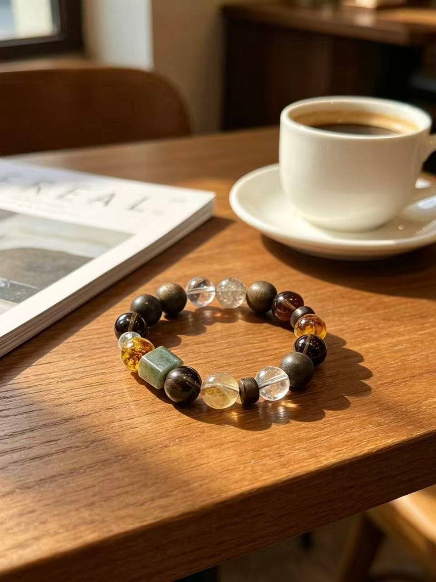 Crystal Paradise Shuhari Pure Realm Bracelet – Handmade Smoky Quartz, Hetian Jade, Phantom Quartz, White Quartz, Agarwood & Amber Energy Bracelet 🙏