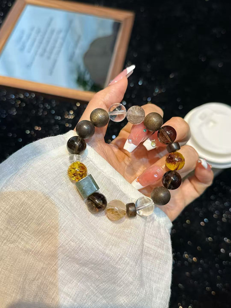 Crystal Paradise Shuhari Pure Realm Bracelet – Handmade Smoky Quartz, Hetian Jade, Phantom Quartz, White Quartz, Agarwood & Amber Energy Bracelet 🙏