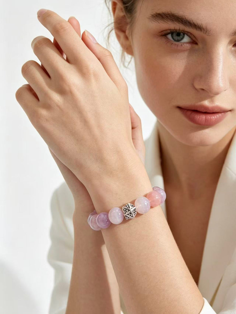 Crystal Paradise Healing Aura Bracelet – Handmade Kunzite, Rose Quartz & White Phantom Crystal Bracelet with Sterling Silver 💜