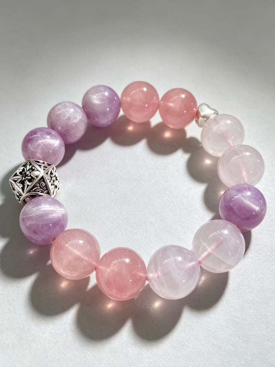 Crystal Paradise Healing Aura Bracelet – Handmade Kunzite, Rose Quartz & White Phantom Crystal Bracelet with Sterling Silver 💜