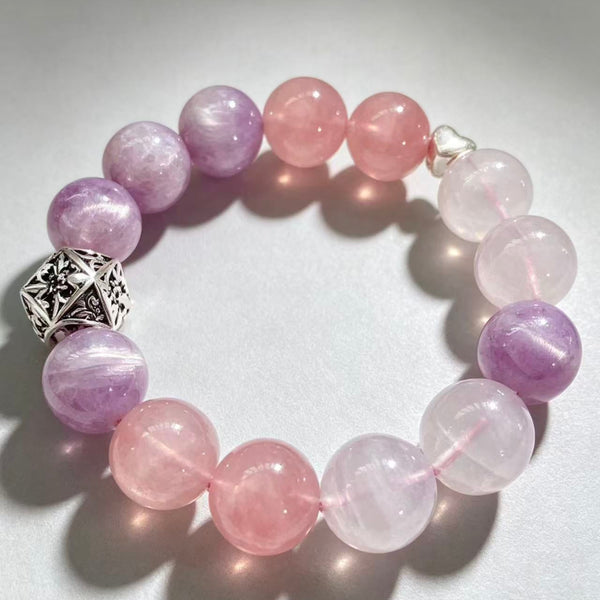 Crystal Paradise Healing Aura Bracelet – Handmade Kunzite, Rose Quartz & White Phantom Crystal Bracelet with Sterling Silver 💜