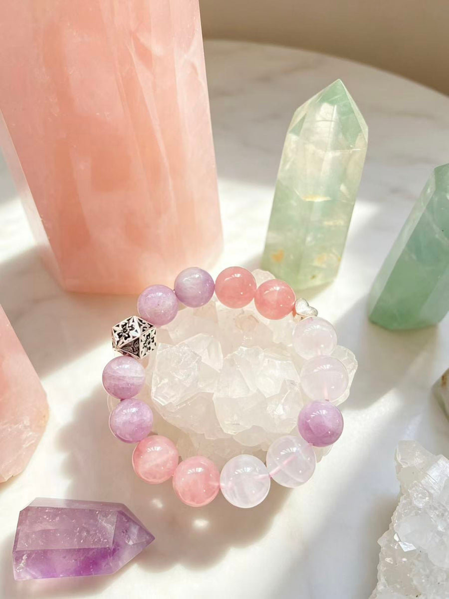 Crystal Paradise Healing Aura Bracelet – Handmade Kunzite, Rose Quartz & White Phantom Crystal Bracelet with Sterling Silver 💜