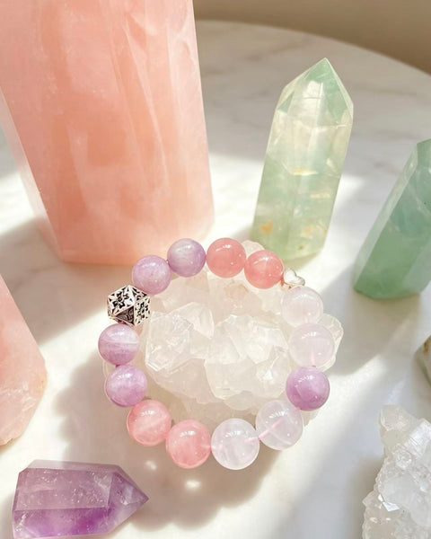 Crystal Paradise Healing Aura Bracelet – Handmade Kunzite, Rose Quartz & White Phantom Crystal Bracelet with Sterling Silver 💜