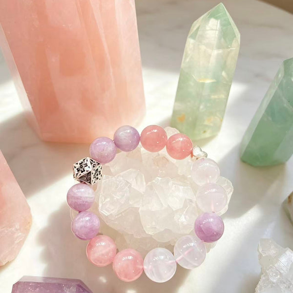 Crystal Paradise Healing Aura Bracelet – Handmade Kunzite, Rose Quartz & White Phantom Crystal Bracelet with Sterling Silver 💜