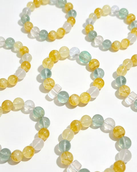 Crystal Paradise Multi-Gem Fortune Bracelet – Handmade Treasure Crystal Bracelet with Yellow Rutilated Quartz, Green Fluorite, Snow Phantom & White Quartz ❤️