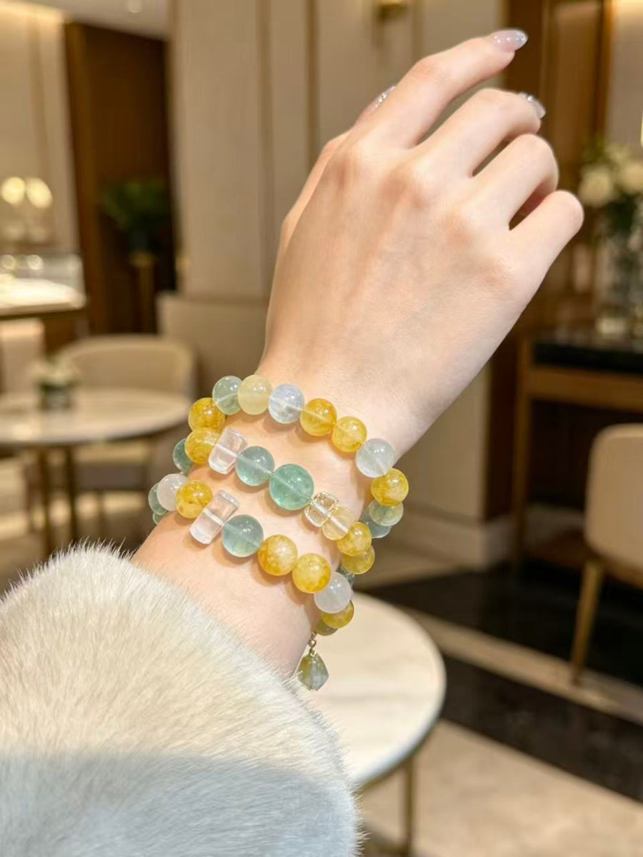 Crystal Paradise Multi-Gem Fortune Bracelet – Handmade Treasure Crystal Bracelet with Yellow Rutilated Quartz, Green Fluorite, Snow Phantom & White Quartz ❤️