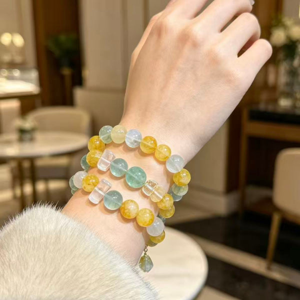 Crystal Paradise Multi-Gem Fortune Bracelet – Handmade Treasure Crystal Bracelet with Yellow Rutilated Quartz, Green Fluorite, Snow Phantom & White Quartz ❤️