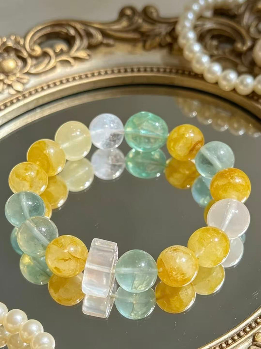 Crystal Paradise Multi-Gem Fortune Bracelet – Handmade Treasure Crystal Bracelet with Yellow Rutilated Quartz, Green Fluorite, Snow Phantom & White Quartz ❤️