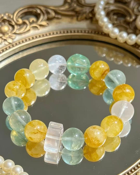 Crystal Paradise Multi-Gem Fortune Bracelet – Handmade Treasure Crystal Bracelet with Yellow Rutilated Quartz, Green Fluorite, Snow Phantom & White Quartz ❤️