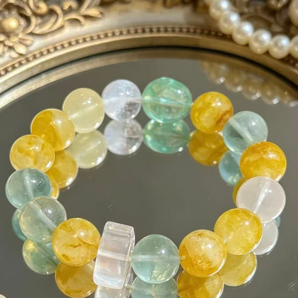 Crystal Paradise Multi-Gem Fortune Bracelet – Handmade Treasure Crystal Bracelet with Yellow Rutilated Quartz, Green Fluorite, Snow Phantom & White Quartz ❤️