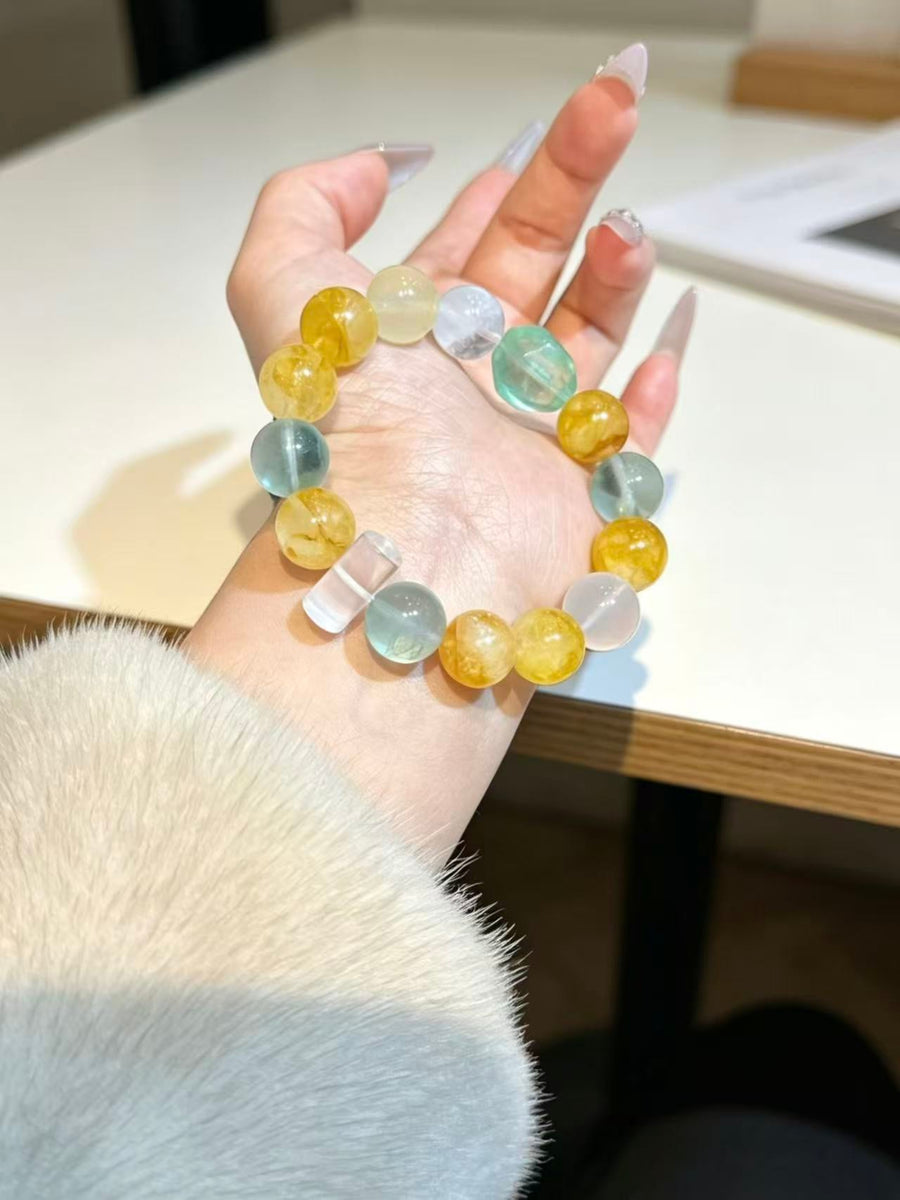 Crystal Paradise Multi-Gem Fortune Bracelet – Handmade Treasure Crystal Bracelet with Yellow Rutilated Quartz, Green Fluorite, Snow Phantom & White Quartz ❤️