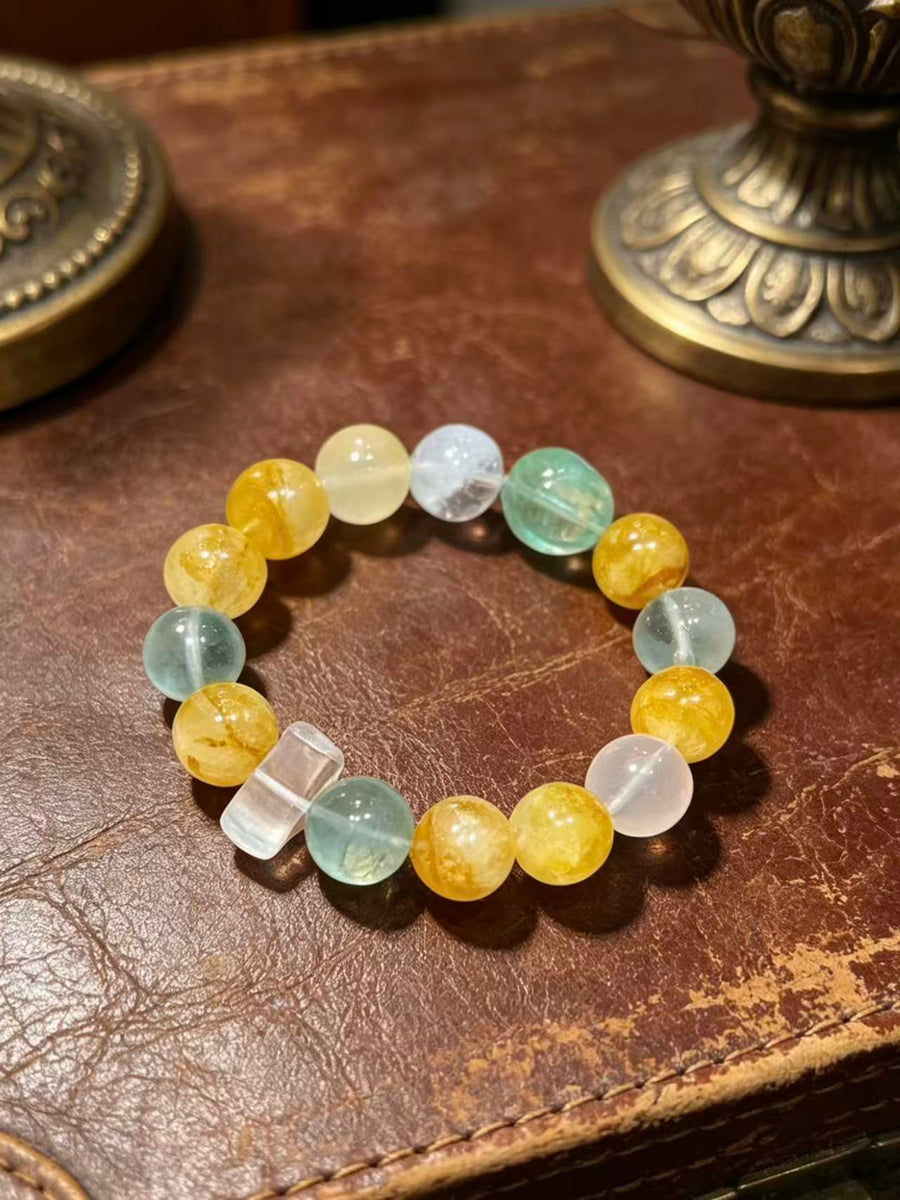 Crystal Paradise Multi-Gem Fortune Bracelet – Handmade Treasure Crystal Bracelet with Yellow Rutilated Quartz, Green Fluorite, Snow Phantom & White Quartz ❤️