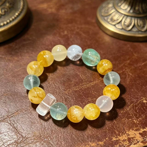 Crystal Paradise Multi-Gem Fortune Bracelet – Handmade Treasure Crystal Bracelet with Yellow Rutilated Quartz, Green Fluorite, Snow Phantom & White Quartz ❤️