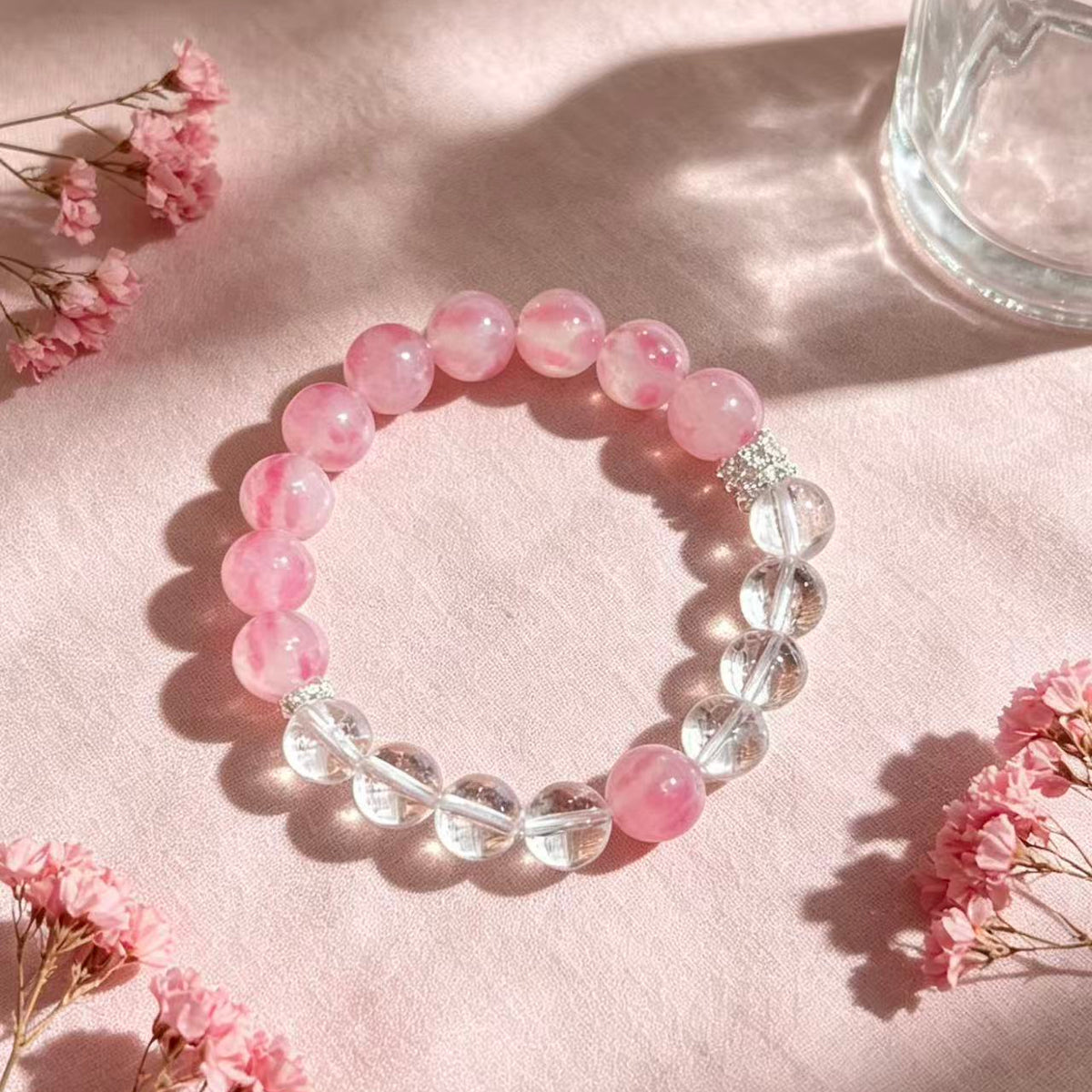 Crystal Paradise Rose Glow Sakura Rain Bracelet – Handmade Aromatic Bead Jewelry 🌸