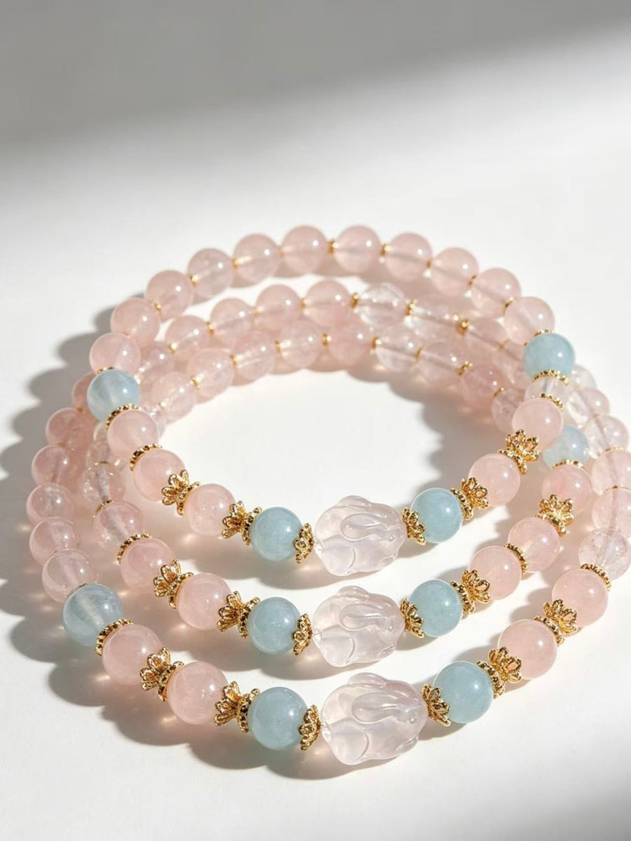 Crystal Paradise Pink Crystal Bunny Bracelet – Natural Rose Quartz Beaded Bracelet with Aquamarine Accents 🐰🌸