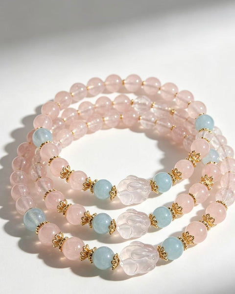Crystal Paradise Pink Crystal Bunny Bracelet – Natural Rose Quartz Beaded Bracelet with Aquamarine Accents 🐰🌸