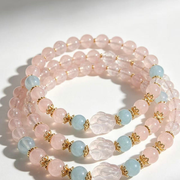 Crystal Paradise Pink Crystal Bunny Bracelet – Natural Rose Quartz Beaded Bracelet with Aquamarine Accents 🐰🌸