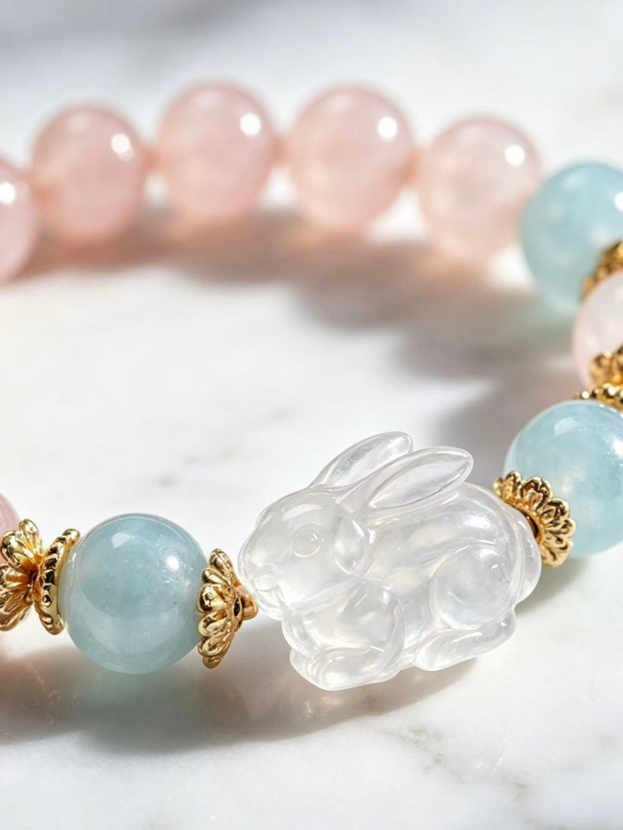 Crystal Paradise Pink Crystal Bunny Bracelet – Natural Rose Quartz Beaded Bracelet with Aquamarine Accents 🐰🌸