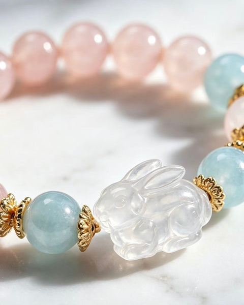 Crystal Paradise Pink Crystal Bunny Bracelet – Natural Rose Quartz Beaded Bracelet with Aquamarine Accents 🐰🌸
