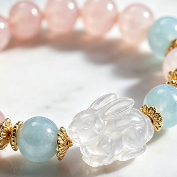 Crystal Paradise Pink Crystal Bunny Bracelet – Natural Rose Quartz Beaded Bracelet with Aquamarine Accents 🐰🌸