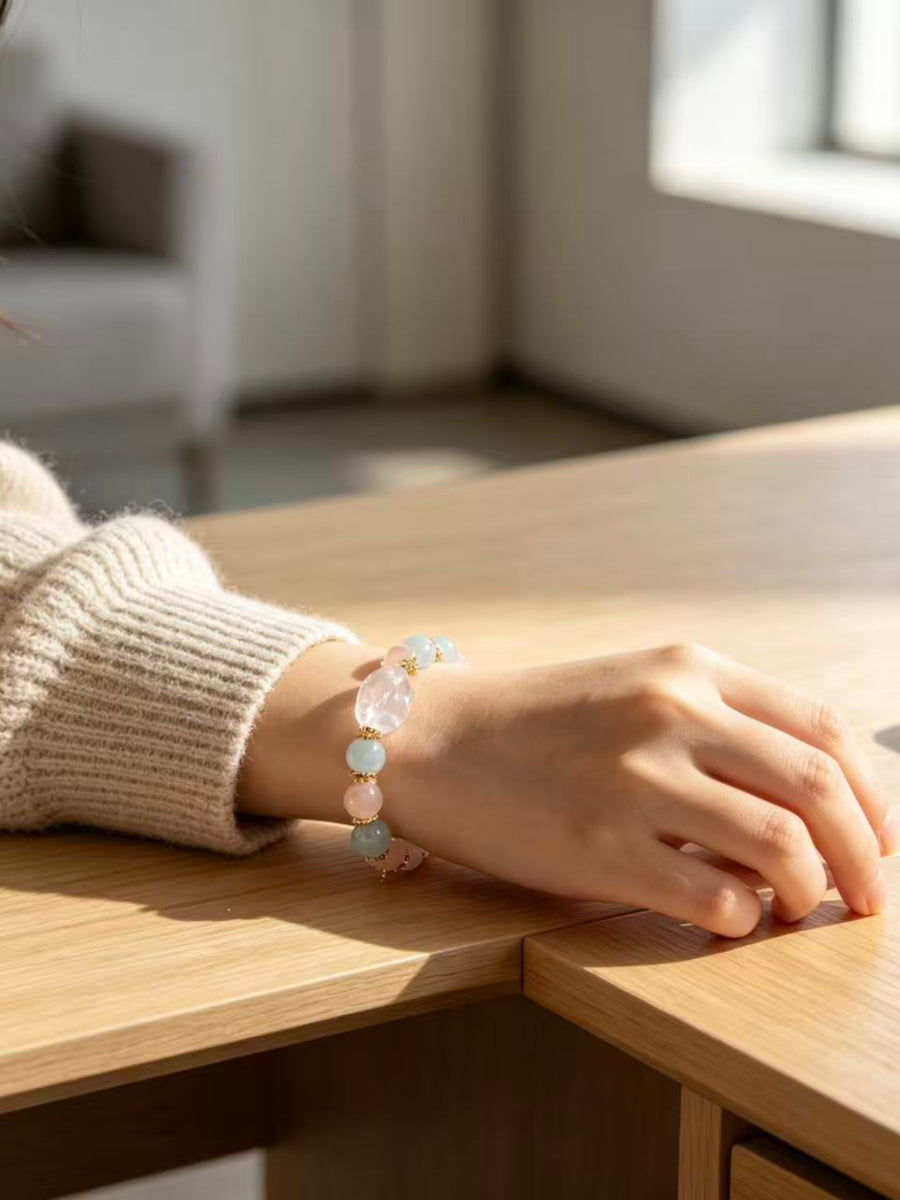 Crystal Paradise Pink Crystal Bunny Bracelet – Natural Rose Quartz Beaded Bracelet with Aquamarine Accents 🐰🌸