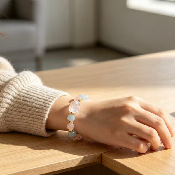 Crystal Paradise Pink Crystal Bunny Bracelet – Natural Rose Quartz Beaded Bracelet with Aquamarine Accents 🐰🌸