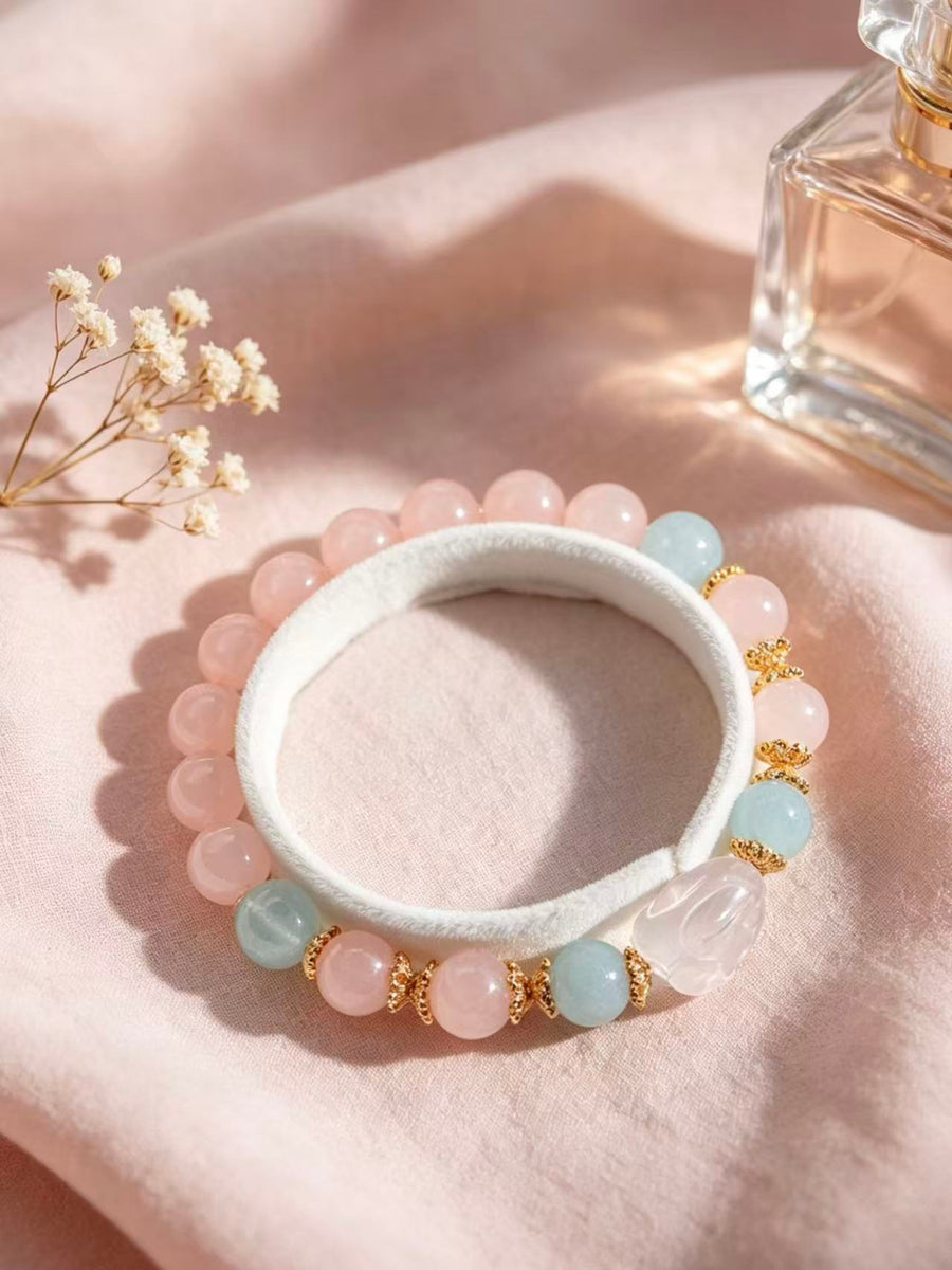 Crystal Paradise Pink Crystal Bunny Bracelet – Natural Rose Quartz Beaded Bracelet with Aquamarine Accents 🐰🌸