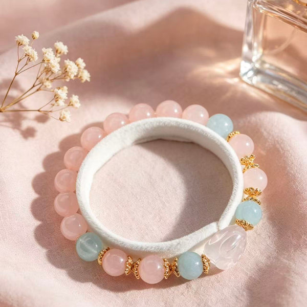 Crystal Paradise Pink Crystal Bunny Bracelet – Natural Rose Quartz Beaded Bracelet with Aquamarine Accents 🐰🌸