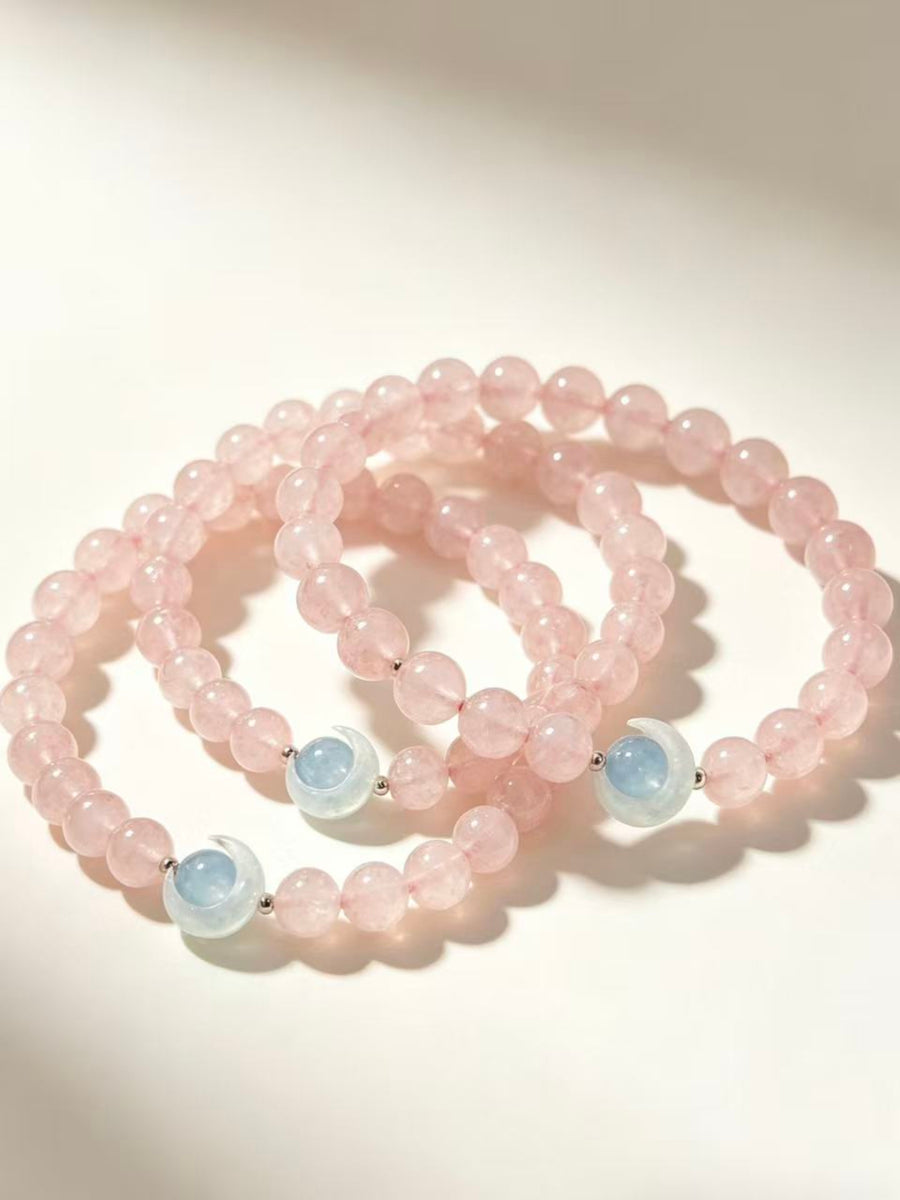 Crystal Paradise Summer Sweet Rose Quartz Bracelet – Natural Pink Crystal Beaded Bracelet with Clear Quartz Energy Ring 🍧🌸