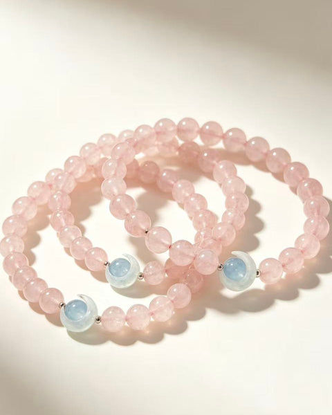 Crystal Paradise Summer Sweet Rose Quartz Bracelet – Natural Pink Crystal Beaded Bracelet with Clear Quartz Energy Ring 🍧🌸