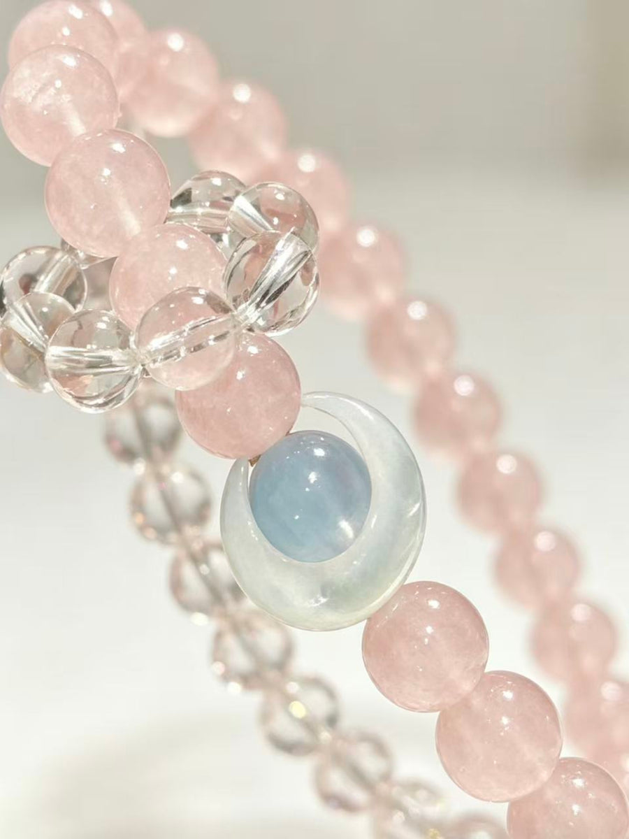 Crystal Paradise Summer Sweet Rose Quartz Bracelet – Natural Pink Crystal Beaded Bracelet with Clear Quartz Energy Ring 🍧🌸
