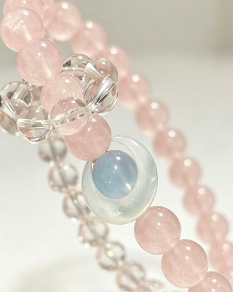 Crystal Paradise Summer Sweet Rose Quartz Bracelet – Natural Pink Crystal Beaded Bracelet with Clear Quartz Energy Ring 🍧🌸