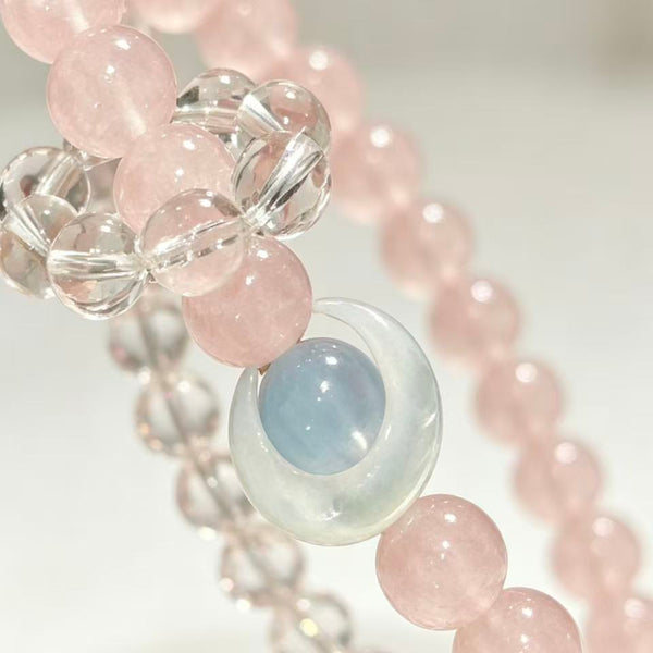 Crystal Paradise Summer Sweet Rose Quartz Bracelet – Natural Pink Crystal Beaded Bracelet with Clear Quartz Energy Ring 🍧🌸