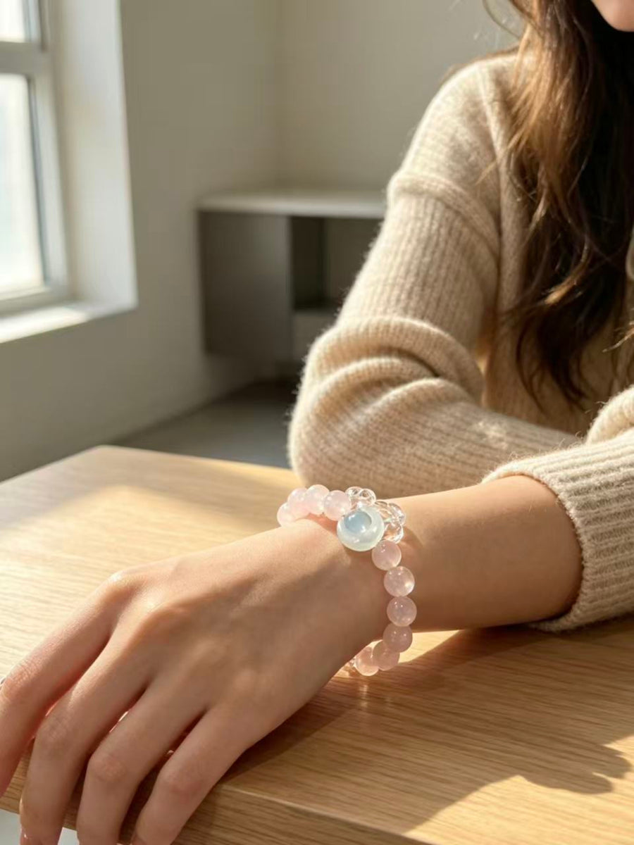 Crystal Paradise Summer Sweet Rose Quartz Bracelet – Natural Pink Crystal Beaded Bracelet with Clear Quartz Energy Ring 🍧🌸