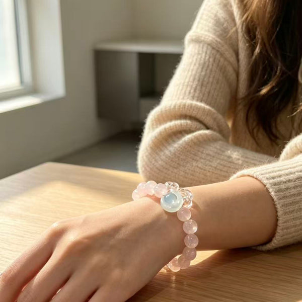 Crystal Paradise Summer Sweet Rose Quartz Bracelet – Natural Pink Crystal Beaded Bracelet with Clear Quartz Energy Ring 🍧🌸