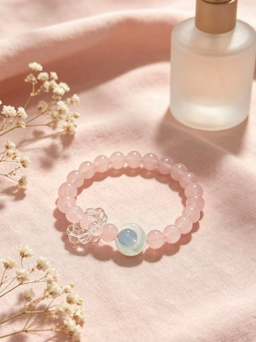 Crystal Paradise Summer Sweet Rose Quartz Bracelet – Natural Pink Crystal Beaded Bracelet with Clear Quartz Energy Ring 🍧🌸