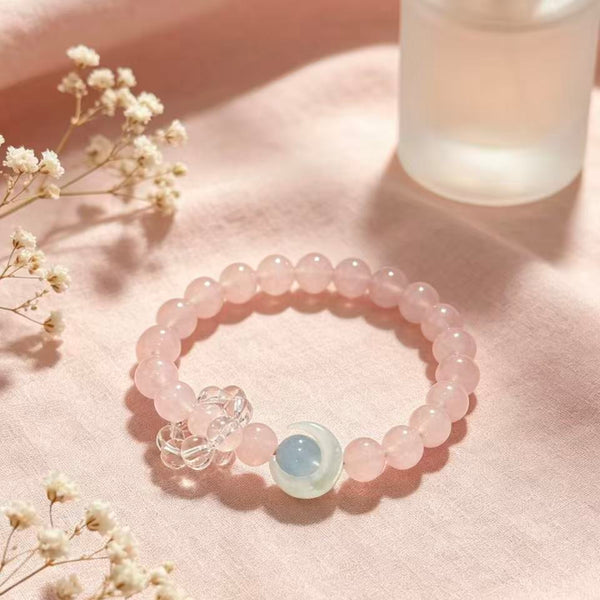 Crystal Paradise Summer Sweet Rose Quartz Bracelet – Natural Pink Crystal Beaded Bracelet with Clear Quartz Energy Ring 🍧🌸