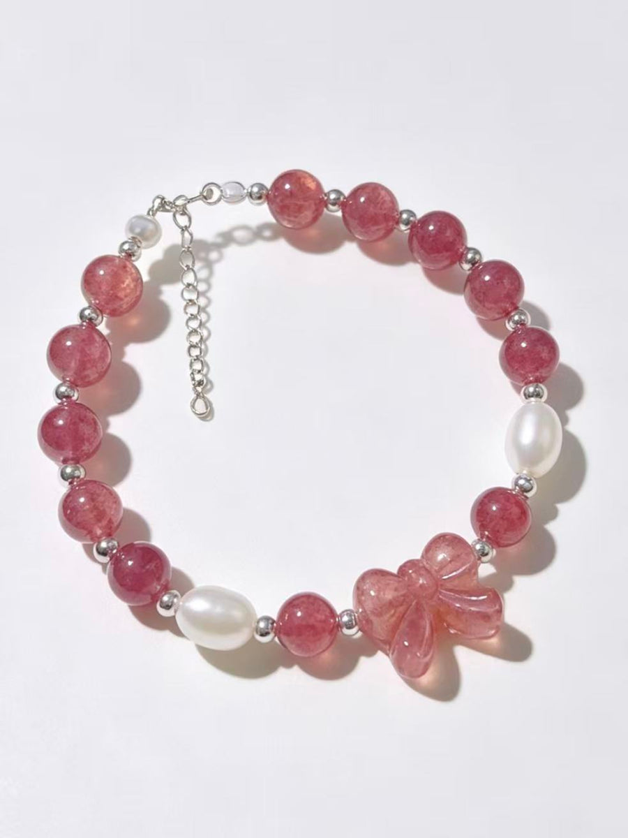 Crystal Paradise Strawberry Quartz Butterfly Bracelet – Natural Crystal Beaded Bracelet with Pearl Accents 🦋🍓