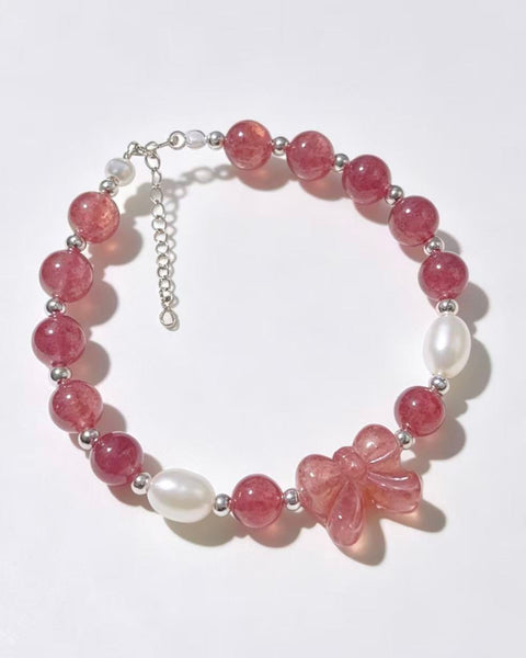 Crystal Paradise Strawberry Quartz Butterfly Bracelet – Natural Crystal Beaded Bracelet with Pearl Accents 🦋🍓